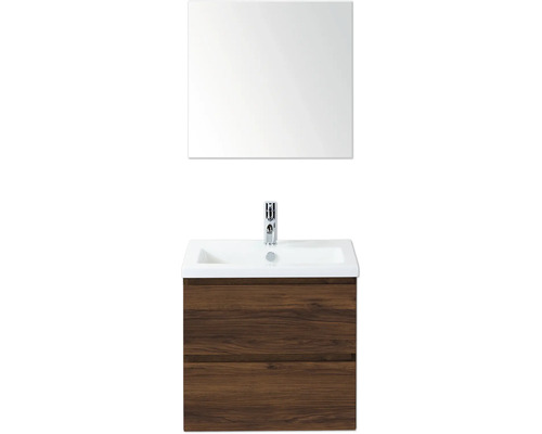 Umyvadlo s dřevěnou skříňkou, umyvadlem, zrcadlem a baterií do koupelny