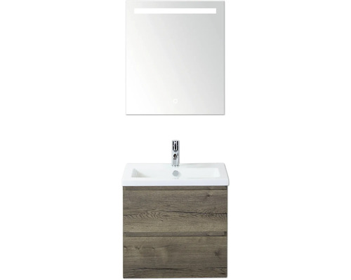 Umyvadlová sestava se zrcadlem a dekorem dřeva