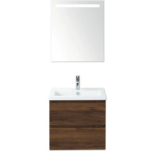 Umyvadlová sestava se zrcadlem a spodní skříňkou v designu dřeva