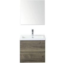 Umyvadlo se zrcadlem, skříňka se dvěma zásuvkami a armaturou