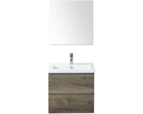 Umyvadlo se zrcadlem, skříňka se dvěma zásuvkami a armaturou