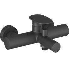 Tmavá umyvadlová baterie pro montáž na stěnu.