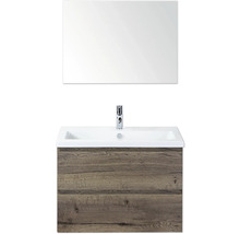 Umyvadlová sestava se zrcadlem a spodní skříňkou s designem dřeva