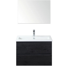 Umyvadlo se skříňkou, zrcadlem, baterií a dvěma zásuvkami