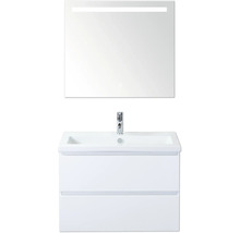 Umyvadlo se skříňkou a osvětleným zrcadlem do koupelny