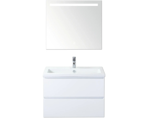 Umyvadlo se skříňkou a osvětleným zrcadlem do koupelny