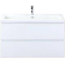 Bílá skříňka pod umyvadlo se dvěma zásuvkami a umyvadlem na desku s baterií