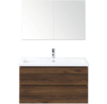 Umyvadlová sestava se zrcadlovou skříňkou a dřevěným dekorem