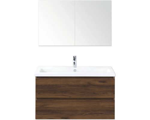 Koupelnová sestava Sanox Vogue 100 cm vlašský ořech Umyvadlová sestava se zrcadlovou skříňkou a dřevěným dekorem