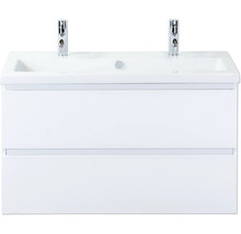 Skříňka pod umyvadlo se dvěma umyvadly a vodovodními bateriemi