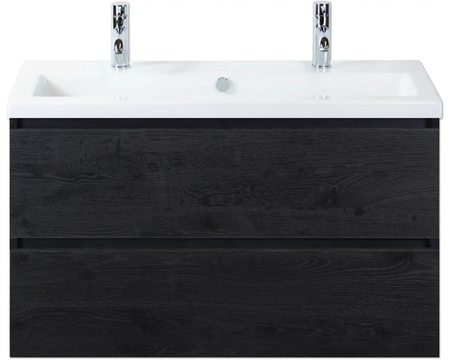 Koupelnová skříňka s umyvadlem Sanox Vogue 100 cm dub černý Skříňka pod umyvadlo se dvěma zásuvkami, umyvadlem a bateriemi