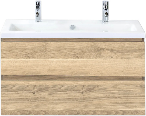Koupelnová skříňka s umyvadlem Sanox Vogue 100 cm dub šedý Skříňka pod umyvadlo se dvěma zásuvkami a umyvadlem na desku