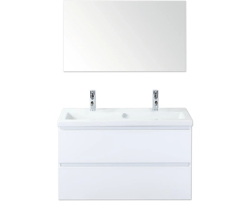 Umyvadlo se dvěma umyvadly, skříňkou a zrcadlem do koupelny