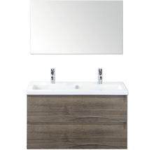 Umyvadlová skříňka se dvěma umyvadly, zrcadlem a spodní skříňkou ze dřeva