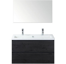 Sestava koupelnového nábytku s dvojitým umyvadlem, skříňkou pod umyvadlo a zrcadlem