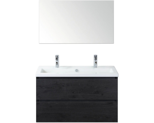 Sestava koupelnového nábytku s dvojitým umyvadlem, skříňkou pod umyvadlo a zrcadlem