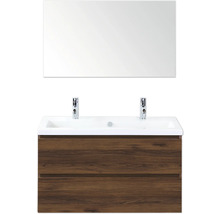 Koupelnová umyvadlová sestava se zrcadlem, spodní skříňkou se dvěma zásuvkami a dvěma bateriemi