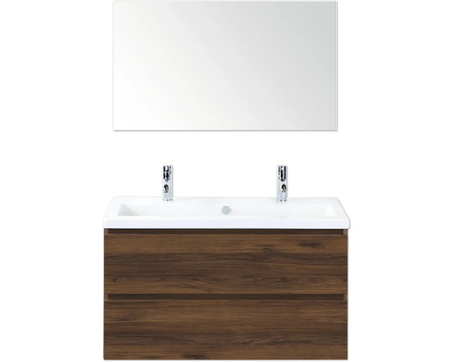 Koupelnová sestava Sanox Vogue 100 cm vlašský ořech Koupelnová umyvadlová sestava se zrcadlem, spodní skříňkou se dvěma zásuvkami a dvěma bateriemi