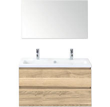 Skříňka pod umyvadlo se dvěma umyvadly, dvěma kohoutky a zrcadlem