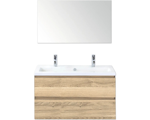 Skříňka pod umyvadlo se dvěma umyvadly, dvěma kohoutky a zrcadlem