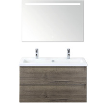 Skříňka pod umyvadlo se dvěma zásuvkami, umyvadlem a osvětleným zrcadlem