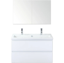 Dvojité umyvadlo se skříňkou a zrcadlovou skříňkou do koupelny