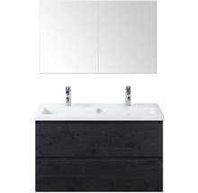 Skříňka pod umyvadlo se dvěma umyvadly, bateriemi a zrcadlovou skříňkou