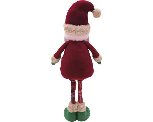 Pohled zezadu na ozdobnou figurku Santa Clause s červeným kabátem, kostkovanými kalhotami a čepicí