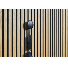 Dřevěný stěnový panel s černým věšákem a deštníkem