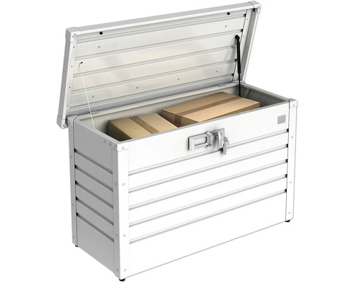 Otevřený, uzamykatelný úložný box z hliníku s kartonovými krabicemi