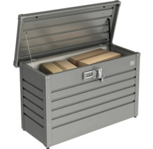 Otevřený šedý kovový zahradní box se dvěma kartonovými krabicemi