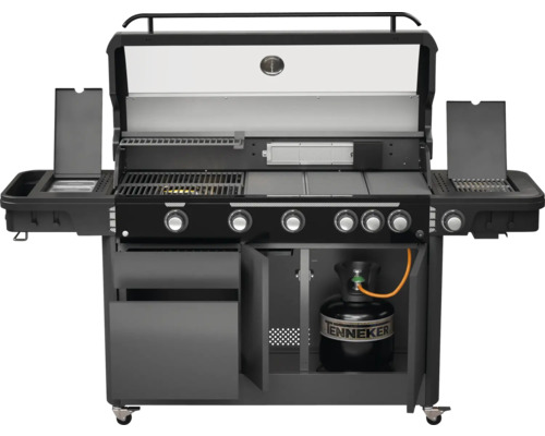 Plynový gril s otevřenou kapotou a plynovou lahví