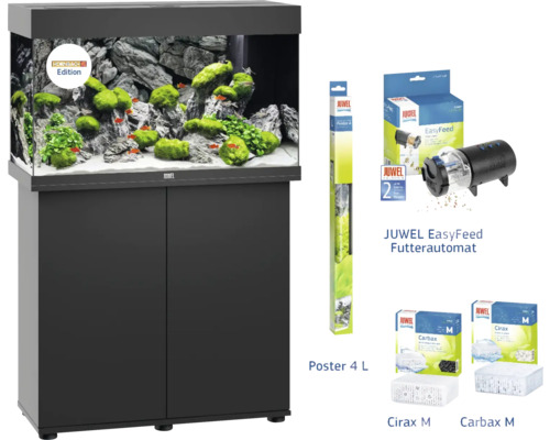 Akvarijní set Juwel Rio 125 akvárium + skříňka Hornbach edice černý Sada akvária s příslušenstvím: akvárium, skříňka, automatické krmítko Juwel EasyFeed, plakát Juwel 4, Juwel Cirax M a Juwel Carbax M