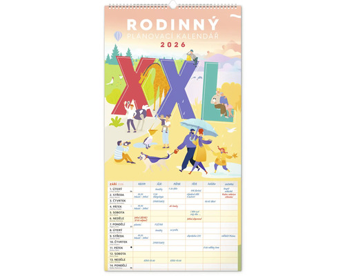 Rodinný plánovací kalendář 2026 s ilustracemi rodiny a zvířat