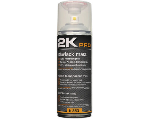 Barva ve spreji 2K PRO matný bezbarvý lak 400 ml 2K Pro matný bezbarvý lak ve spreji pro vysokou odolnost proti poškrábání, odolnost proti benzinu a rozpouštědlům a odolnost proti UV záření a povětrnostním vlivům.