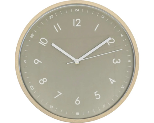 Kulaté nástěnné hodiny se světlým dřevěným rámem a ciferníkem