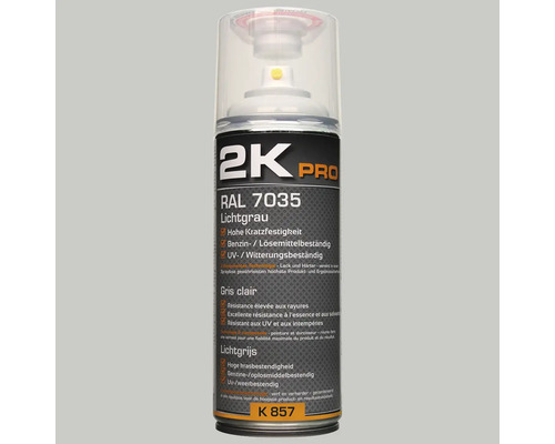 Barva ve spreji 2K PRO lesk RAL 7035 světle šedá 400 ml 2K Pro světle šedá sprejová dóza RAL 7035 s vysokou odolností proti poškrábání, odolností proti benzínu a rozpouštědlům a odolností proti UV záření a povětrnostním vlivům
