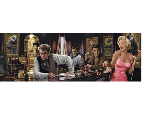 Obraz Decopanel Stars 155x53cm Barová scéna se slavnými osobnostmi jako James Dean, Elvis Presley a Marilyn Monroe