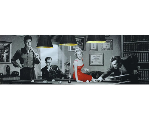 Obraz Decopanel Marilyn Monroe 155x53cm Černobílá fotografie scény s Elvisem Presleym, Marilyn Monroe, Humphrey Bogartem a Jamesem Deanem hrajícími kulečník