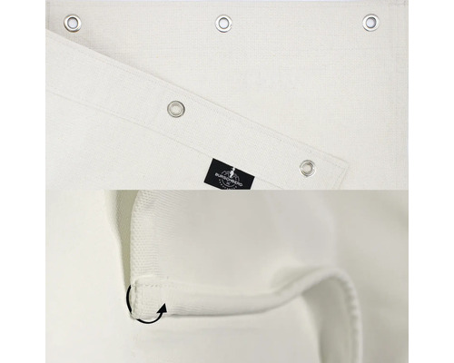 Detailní pohled na neprůhlednou látku s oky a logem Burschberg