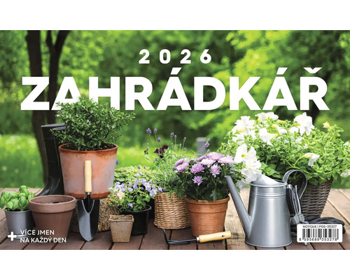 Zahradní kalendář 2026 s zahradními rostlinami a zahradním nářadím na dřevěné terase