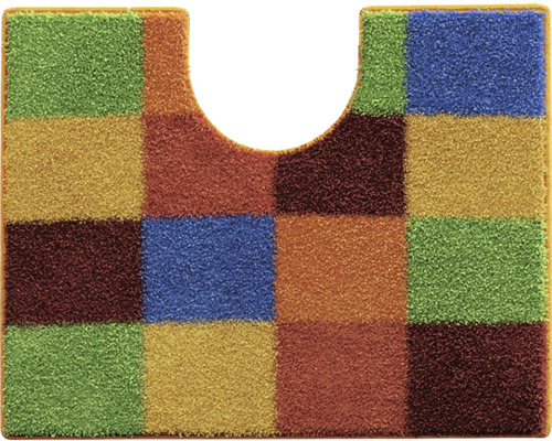 Koberec do koupelny Grund BONA 50 x 60 cm modrá oranžová zelená červená žlutá Čtvercová předložka na toaletu s výřezem a patchworkovým vzorem