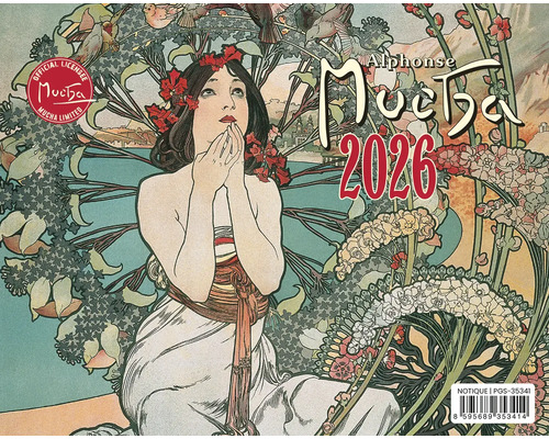 Kalendář Alphonse Mucha 2026 s ženou a květinovými vzory