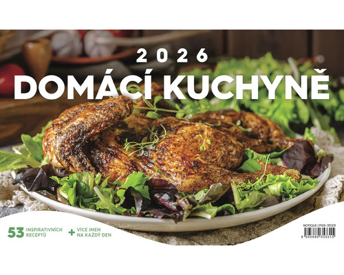 Titulní strana kuchařky ''Domácí kuchyně 2026'' s pečeným kuřetem na salátu