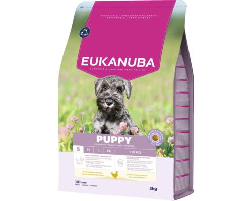 Krmivo pro štěňata Eukanuba Puppy S Kuře 3 kg Krmivo pro štěňata Eukanuba pro malá plemena do 10 kilogramů, 3 kilogramy