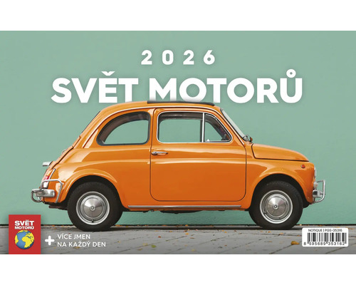 Kalendář Svět motorů 2026 s oranžovým veteránem