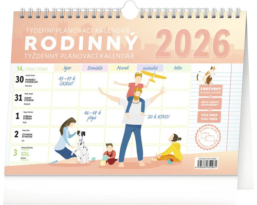Rodinný plánovací kalendář na rok 2026 s ilustracemi rodinných aktivit