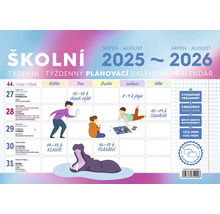 Školní plánovací kalendář 2025 až 2026 s ilustracemi volnočasových aktivit