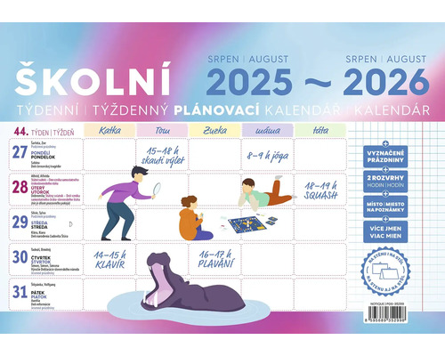 Školní plánovací kalendář 2025 až 2026 s ilustracemi volnočasových aktivit