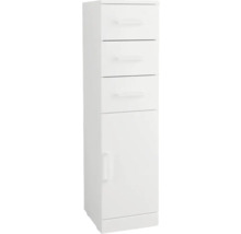 Bílá koupelnová vysoká skříňka se třemi zásuvkami a jedněmi dveřmi